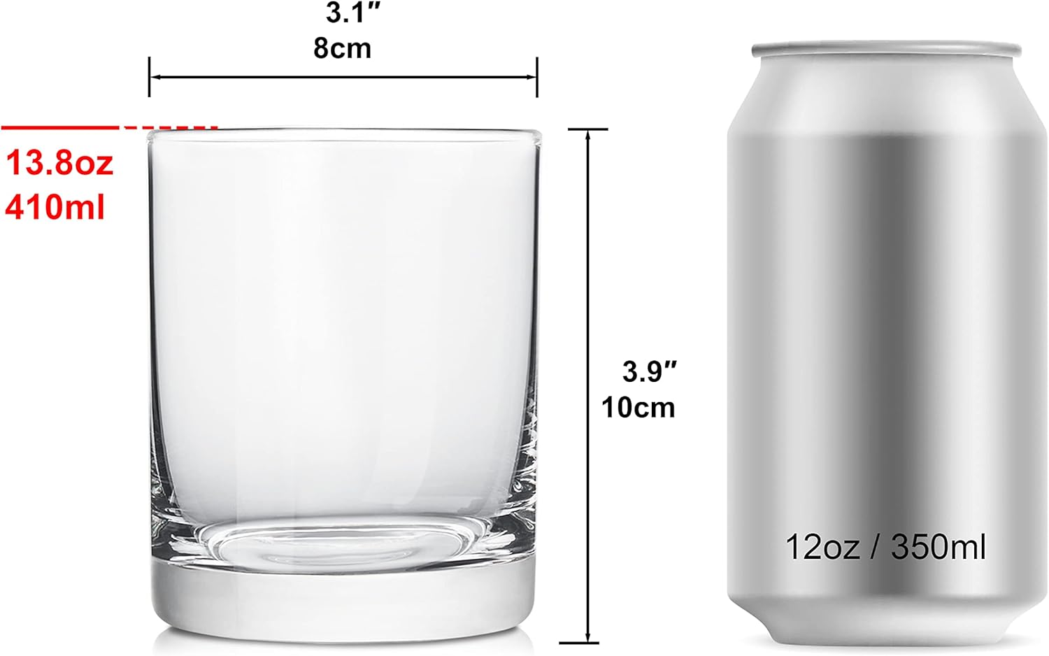 13.8oz Borosilicate Glass Drinking Glasses Set of 6, Heat-Resistant Double Old Fashioned Lowball Tumblers, Crystal Clear Water Cups, Lowball Glasses Rocks Glasses for Cocktail, Whiskey Glasses