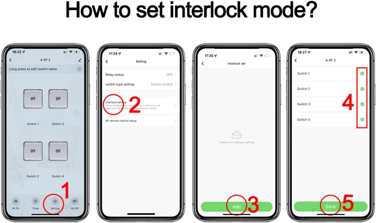Screenshots showing how to set Interlocking Mode in the Smart Life app