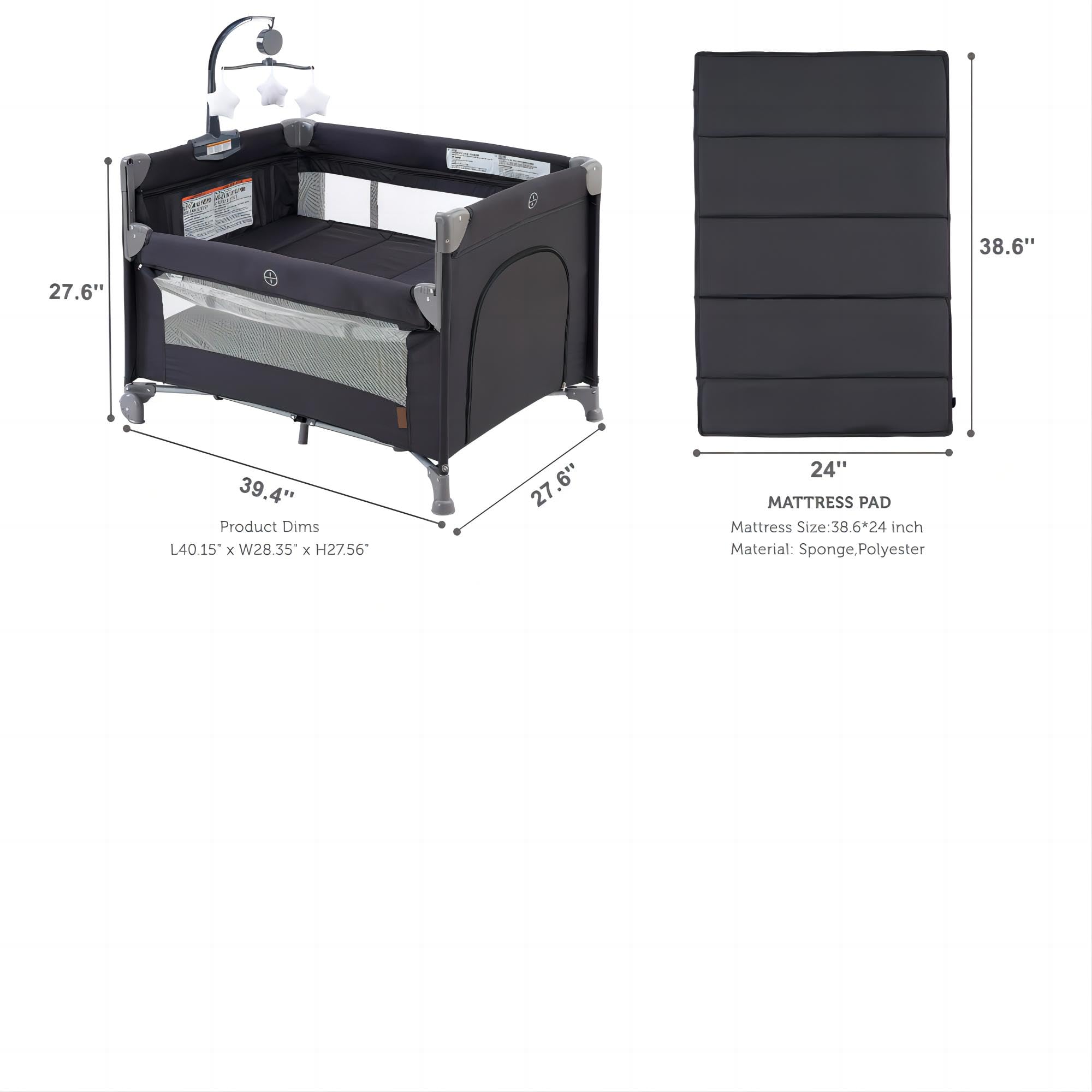Cama de noche 5 en 1 para bebé, para empacar y jugar con moisés y colchón, cuna portátil con almacenamiento, corral con moisés desde recién nacidos hasta niños pequeños (gris oscuro) (gris 7