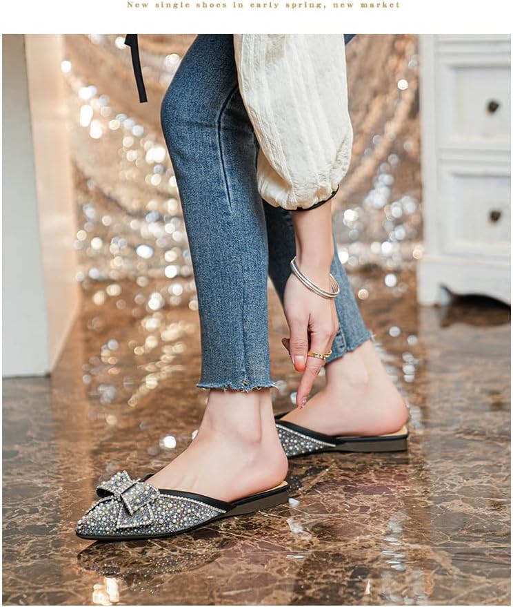 DISHAHSD Rhinestone Bow for Women Flat Mules Pointed Toe Backless Slip On Mules Ladies Comfort Soft Sole Flat Loafer - Image 4