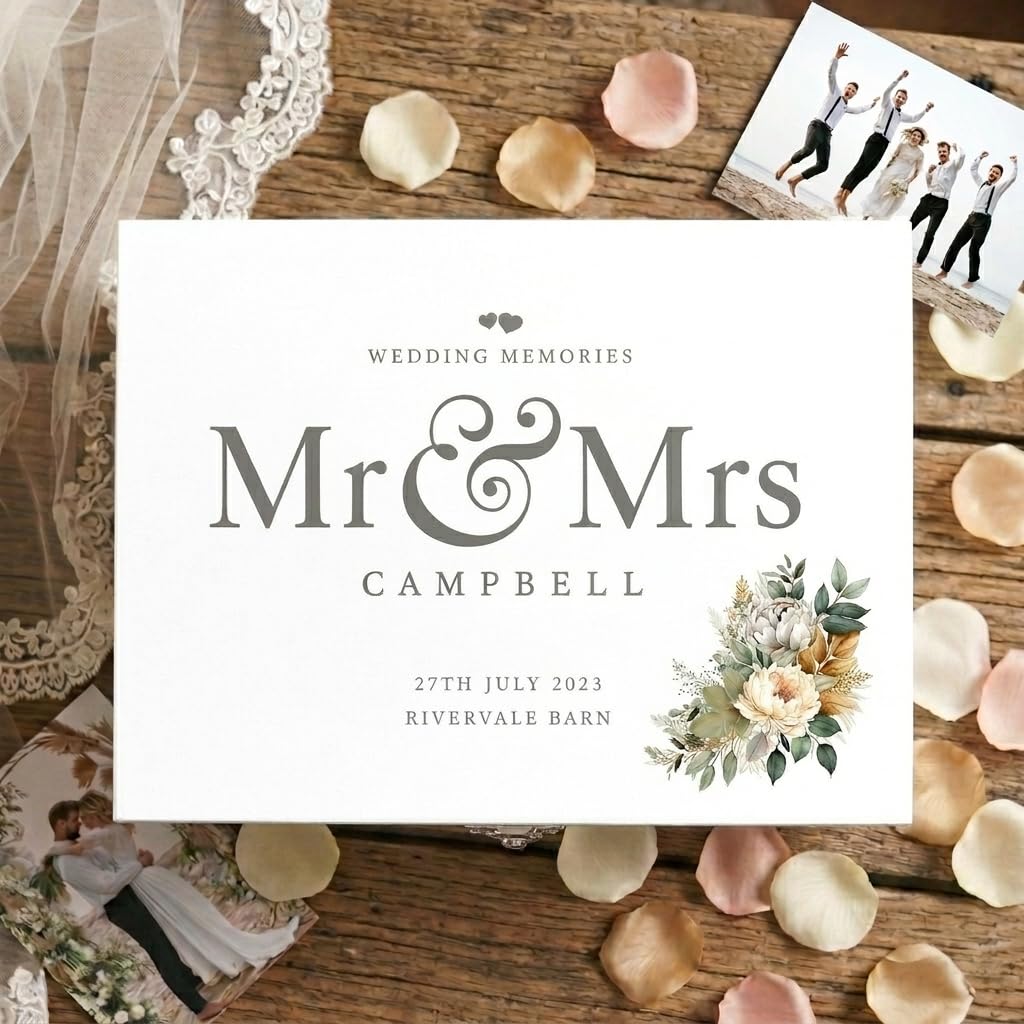 Caja de recuerdos de boda personalizada de madera blanca con flores bohemias | Apellido, lugar y fecha | regalo de boda | 22 x 15 x 10 cm