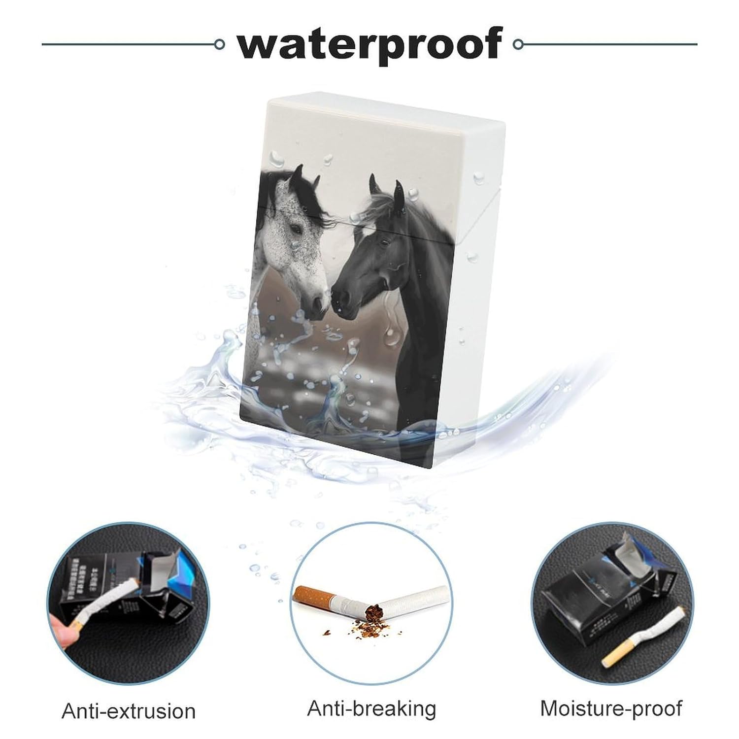 Waterproof Cigarette Case Large Capacity, Black and White Horses image 3