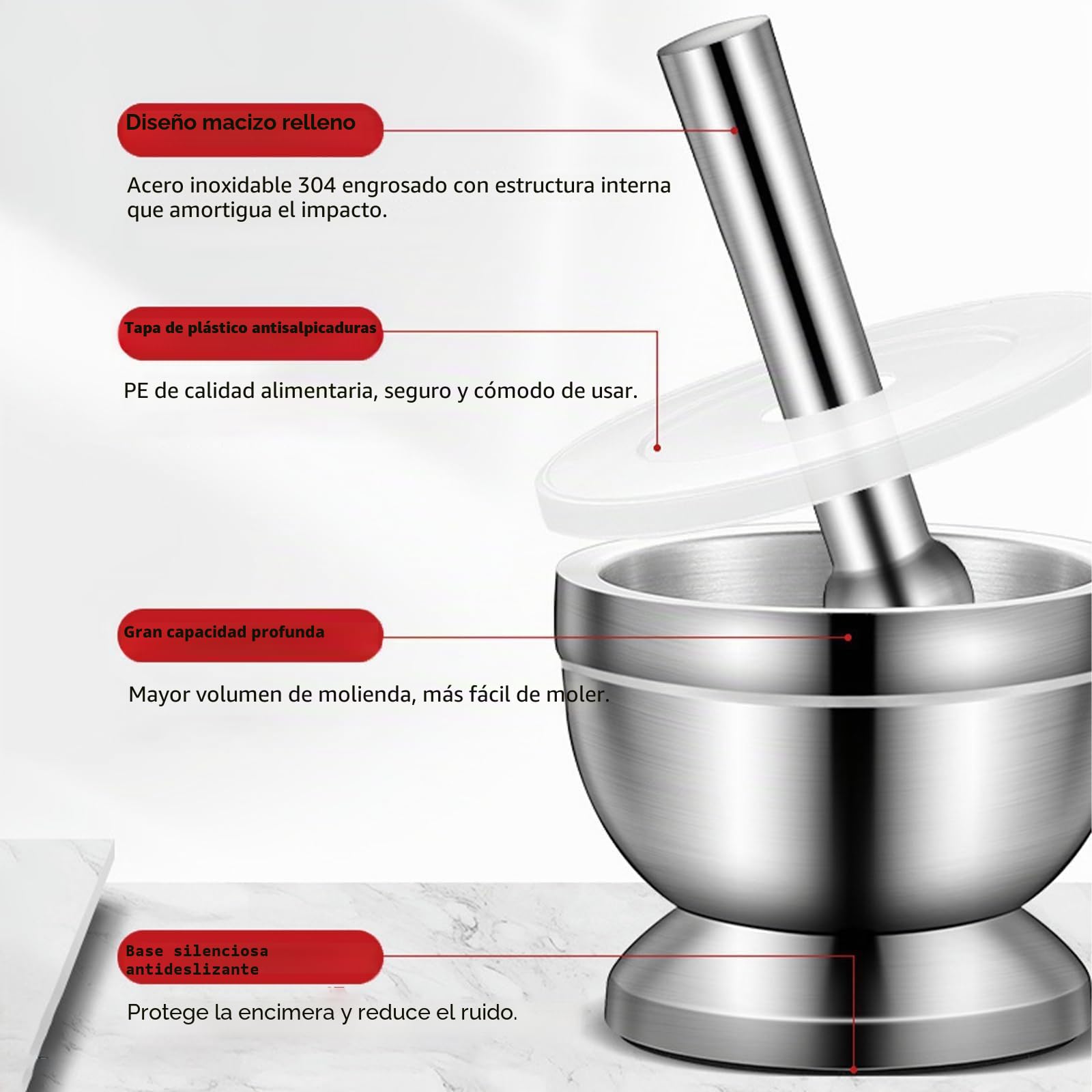 Mortero con Mano - Mortero Cocina - Mortero de Acero Inoxidable 304 con Tapa PE, diámetro 10 cm - Antióxido, Duradero - Para Moler Especias, Hierbas, Ajo, Nueces