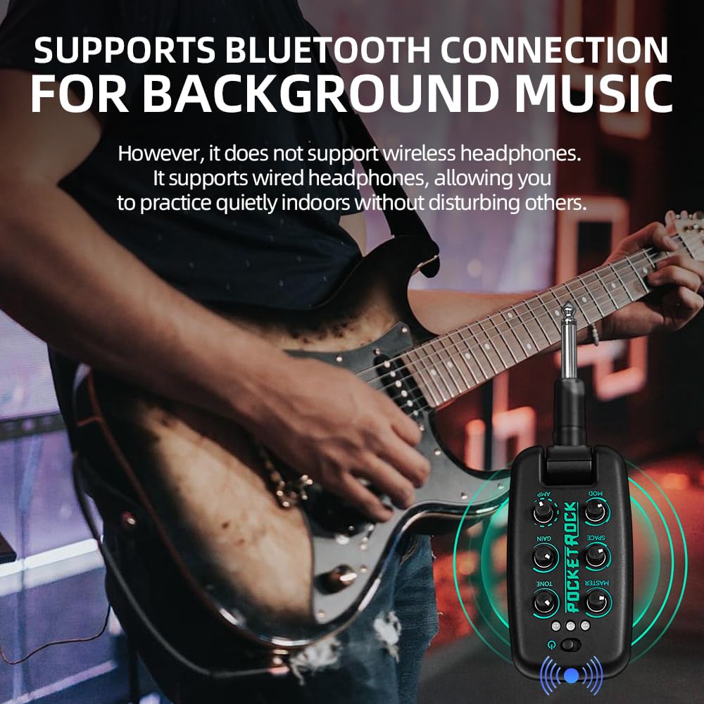 EROK Amplificatore per cuffie per chitarra con 9 toni di simulazione, effetti tascabili portatili ricaricabili tramite USB, con funzione wireless, supporto registrazione OTG