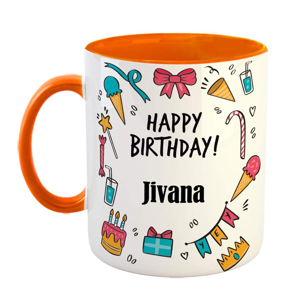 FurnishFantasy Ceramic Coffee Mug - Best Gift for Happy Birthday Mug , Color - Orange, Name - Jivana