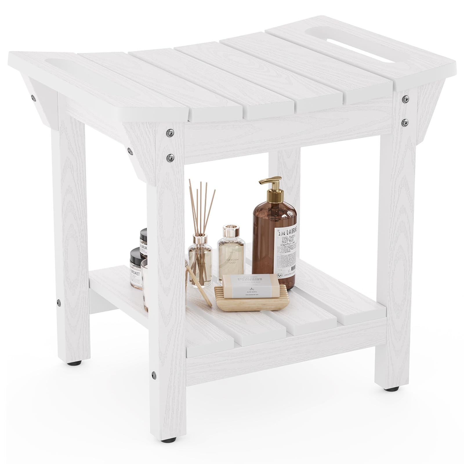 LAHAAP Waterproof Shower Bench, Poly Lumber Shower Stool for Shaving Legs, Shower Chair Seat with Storage Shelf and Handles, Bathroom Bench for Inside