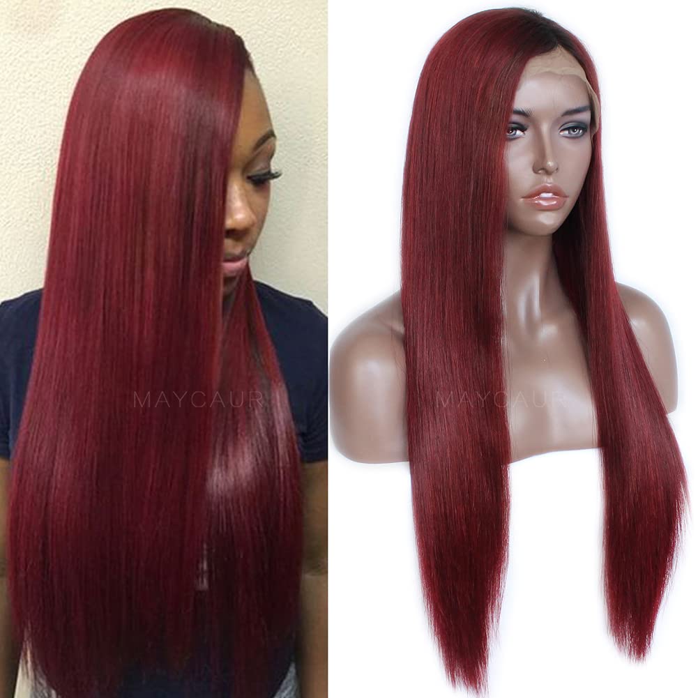 Maycaur Red Ombre Human Hair Lace Front Wig Silky Straight #1b/Red Full Lace Human Hair Wigs With Baby Hair 130% Density(20inch, lace front wig)