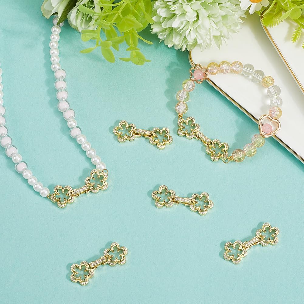 Beebeecraft 1 Box 6Pcs Fold Over Clasps 18K Gold Plated Brass Cubic Zirconia Flower Necklace Clasps for DIY Jewelry Making