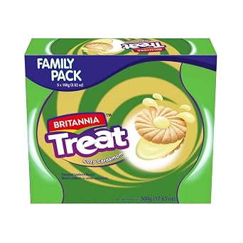 Britannia Treat Biscuits Sandwich Each Magic of Cookies Healthy Snack Perfect for Breakfast 17.63oz (500g) Pack of 5 (Elaichi)