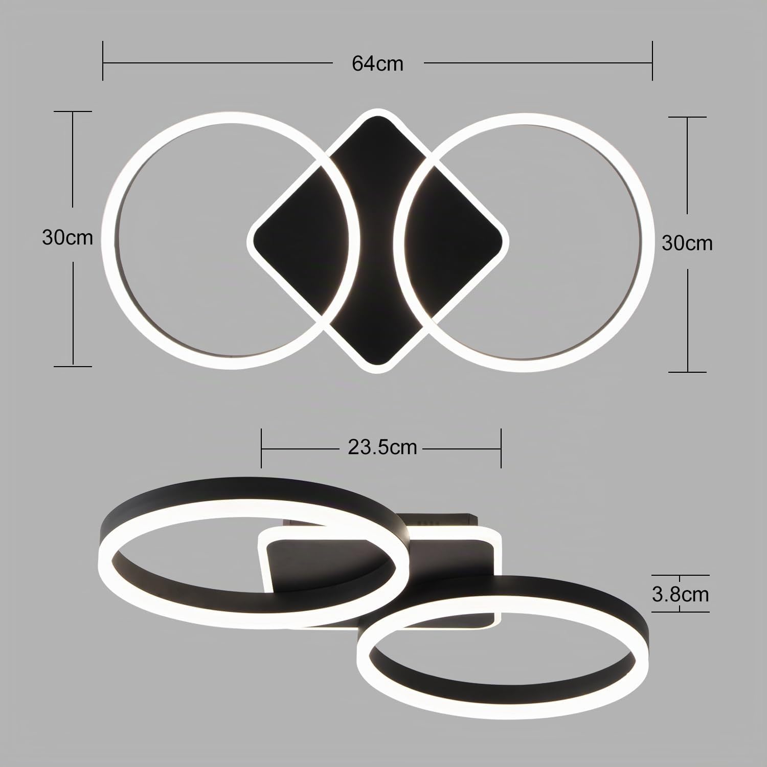 Lámpara de Techo LED Regulable Sala de Estar Negro 42W 65cm | Dormitorio Lampara Techo con Función de Memoria, Diseño Moderno de 2 Anillos Iluminación de Techo con APP de Control Remoto