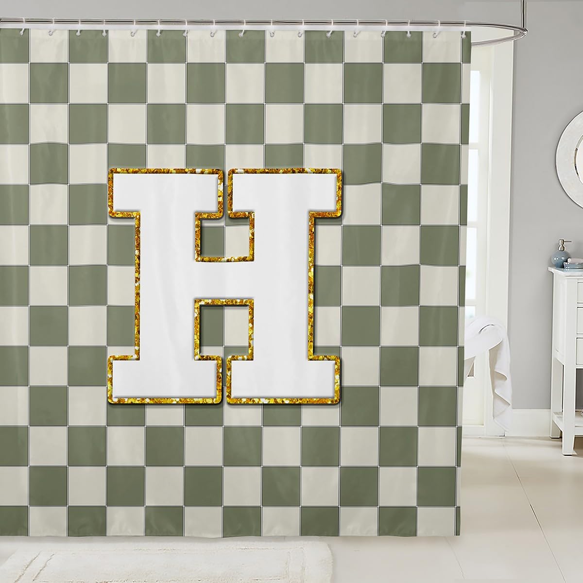 Erosebridal Sage Green Checkered Bathroom Curtain Plaid Initial H Shower Curtain 72" Wx84 L Personalized Monogram Bathroom Accessories for Kids Adults,Fashion Grids Gingham Shower Decor