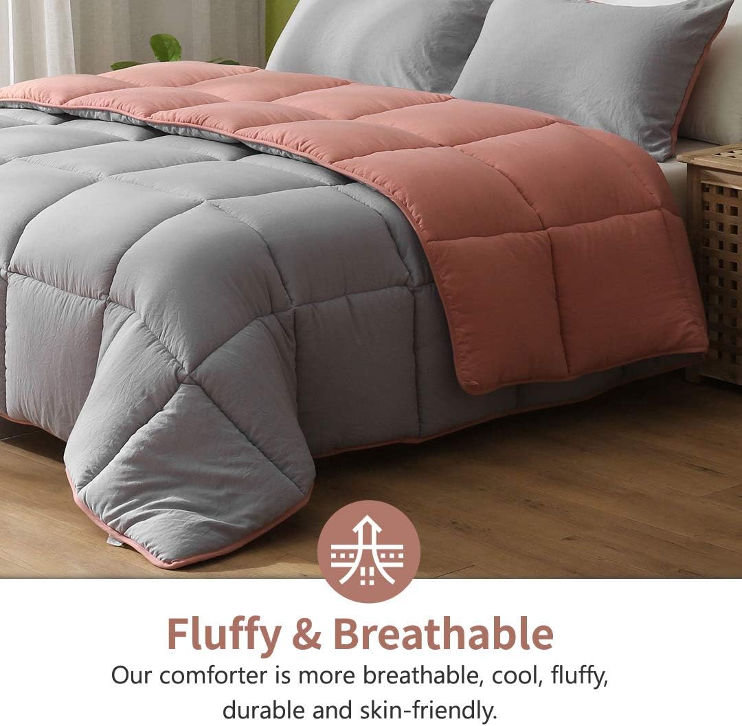 APSMILE Full/Queen Bed Comforter Set - 3 Piece Reversible Down Alternative Comforter with Shams, Ultra-Soft Cloud Fluffy Microfiber Duvet, All-Season Warm, Rose Red/Grey