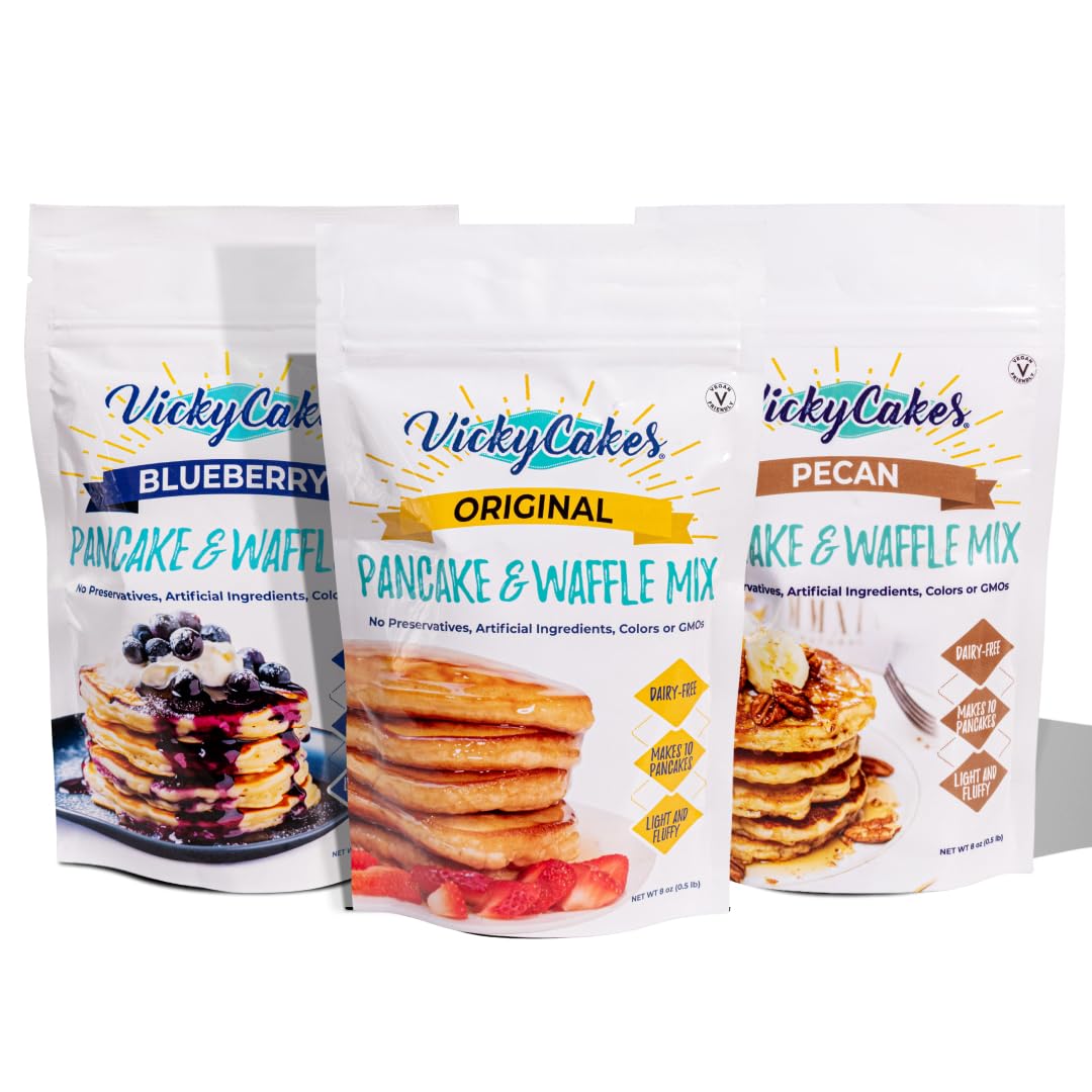 Vicky Cakes Pancake & Waffle Mix Variety Bundle - Original, Blueberry and Pecan | Light & Fluffy, Dairy-Free, Vegan-Friendly, Non-GMO | (Pack of 3) 8oz each.