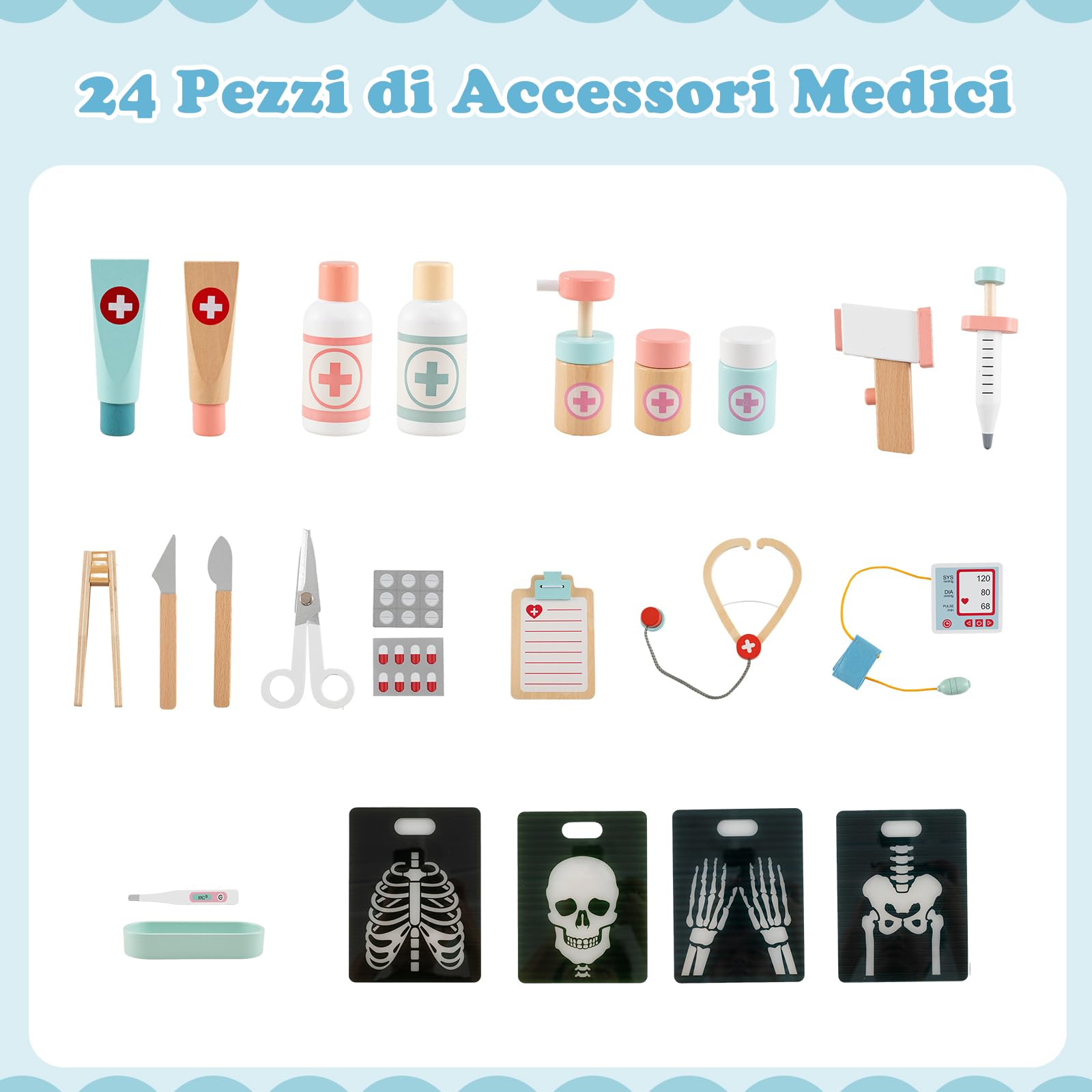 RELAX4LIFE Set da Gioco Dottore in Legno, Attrezzo Medico Giocattolo con Tetoscopio, Tabella Oculistica e Monitor ECG, Giocattolo Educativo per Bambini 3+ Anni (Blu)