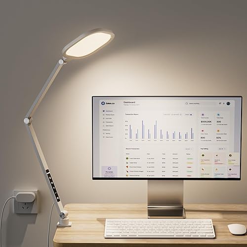 Lámpara de escritorio LED para oficina en casa, luz de escritorio de 15 W con abrazadera en C, brazo oscilante, función de memoria y temporizador,