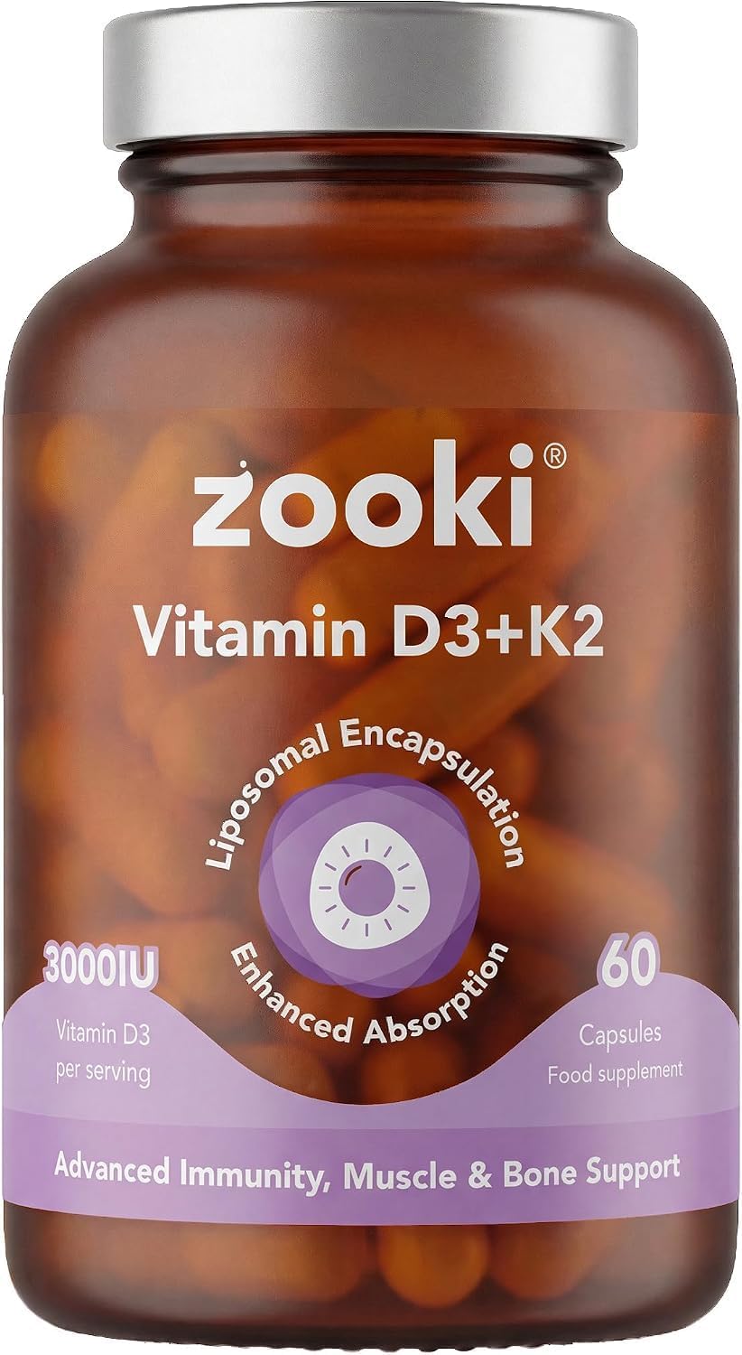 Zooki Liposomal Vitamin D3 + K2 3000IU, 60 Capsules, 30 Servings | High-strength vitamin D supplement, D3 and K2 vitamins, immune, bone and muscle support, vegan liposomal capsules