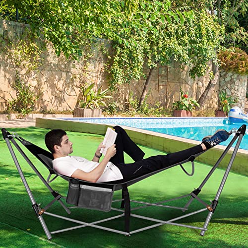 GOPLUS Hamaca Plegable Portátil con Bolsillo Lateral con Soporte de Metal y Hebillas Antivuelco, Hamaca para Acampar al Aire Libre con Bolsa de Transporte para Patio, Jardín, Fácil Montaje, 150 kg - imagen 7