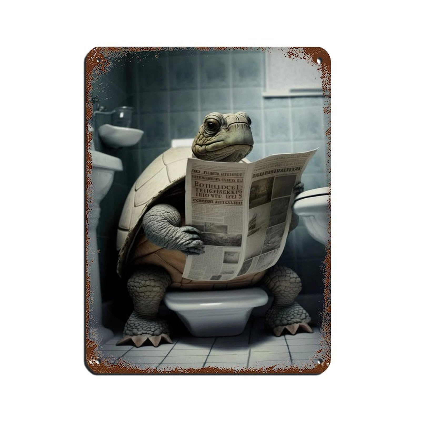 Tortoise Sitting on The Toilet Reading A Newspaper Tin Sign Vintage Metal Pub Club Cafe Bar Home Wall Art Decoration Poster Retro 12x16inch(30x40cm)