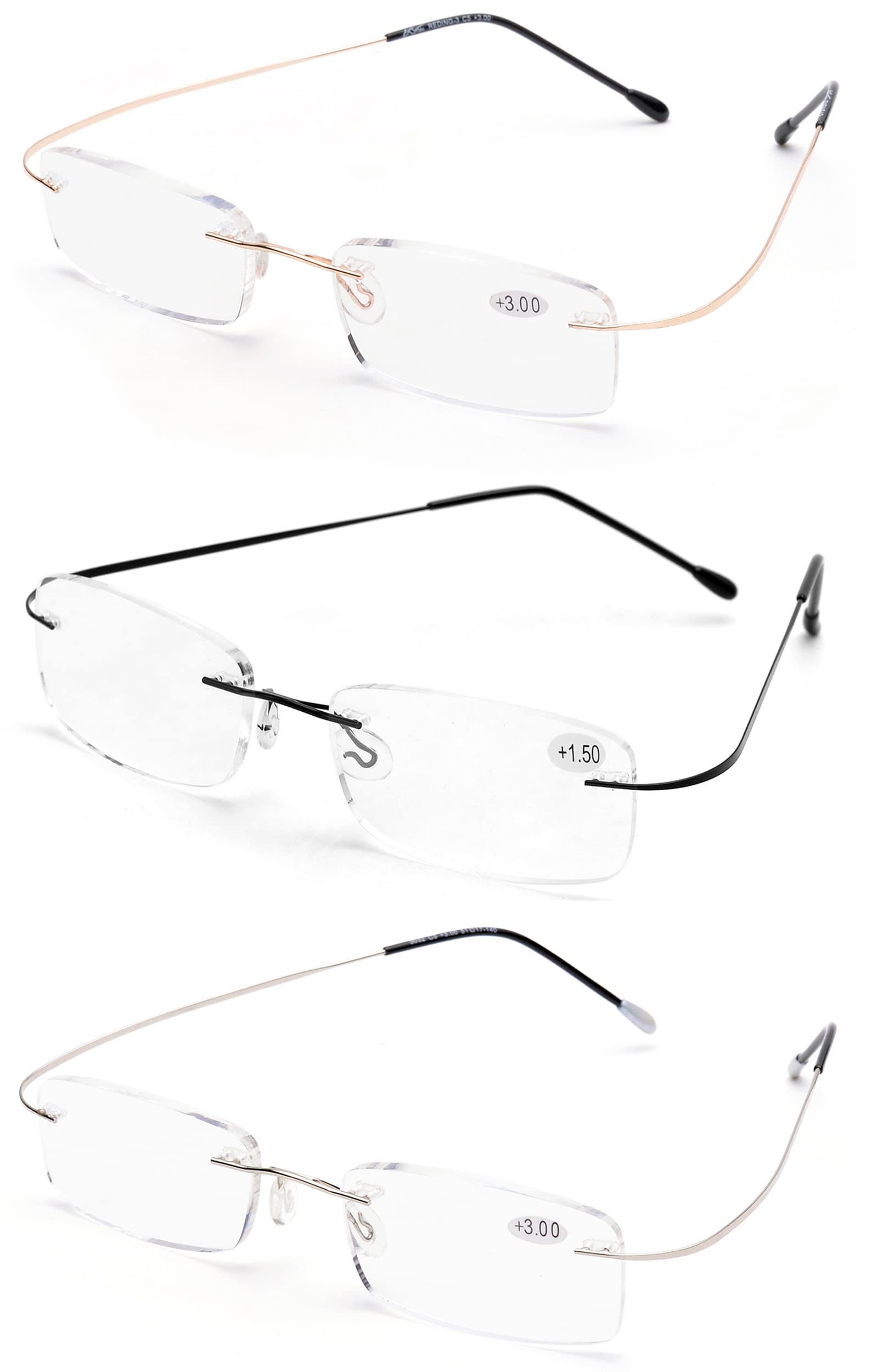 ZUVGEESPack of 3 Rimless Metal Blue Light Filter Reading Glasses for Men and Women Lightweight Anti-Blue Computer Glasses, Pack of 3,