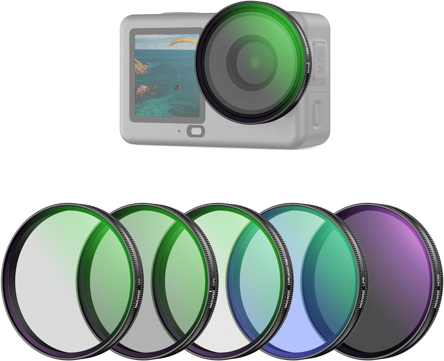 NEEWER Filter Set Compatible with DJI Osmo Action 6 Only, 5 Pack CPL + ND 32 + UV + LPR + Black Diffusion 1/4 Multicoated HD Optical Glass Snap On Lens Filters, Action Camera Accessories, FL-B4