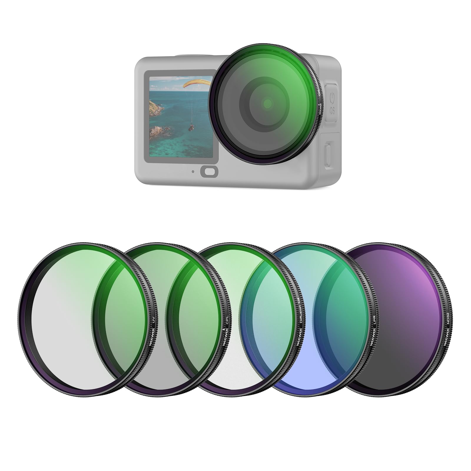 NEEWER Filter Set kompatibel mit DJI Osmo Action 6, 5er Pack: CPL + ND 32 + UV + LPR + Black Diffusion 1/4 für einen filmreifen Nebeleffekt, HD Aufsteckfilter als Zubehör für Actionkameras, FL-B4