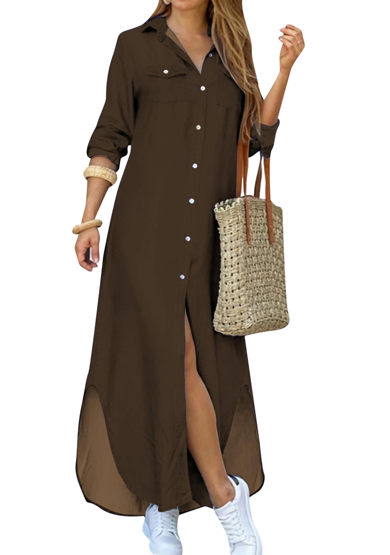 DIACACY Women's Casual Lapel Collar Floral Print Maxi Dresses Side Slit Long Sleeves Loose Slim Shirt Dresses
