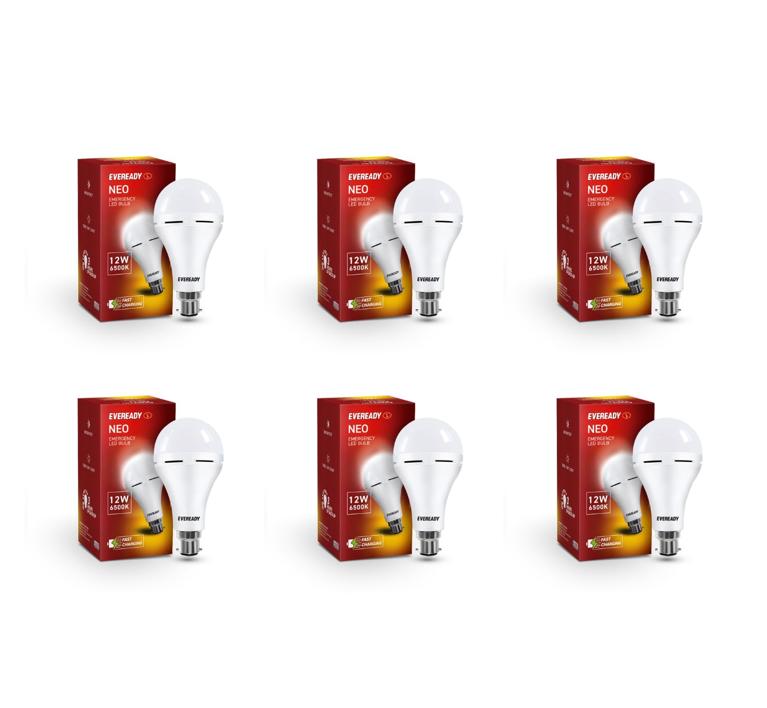 EVEREADY 12W Emergency Inverter LED Bulb, B22D, Cool Day Light, Pack of 6