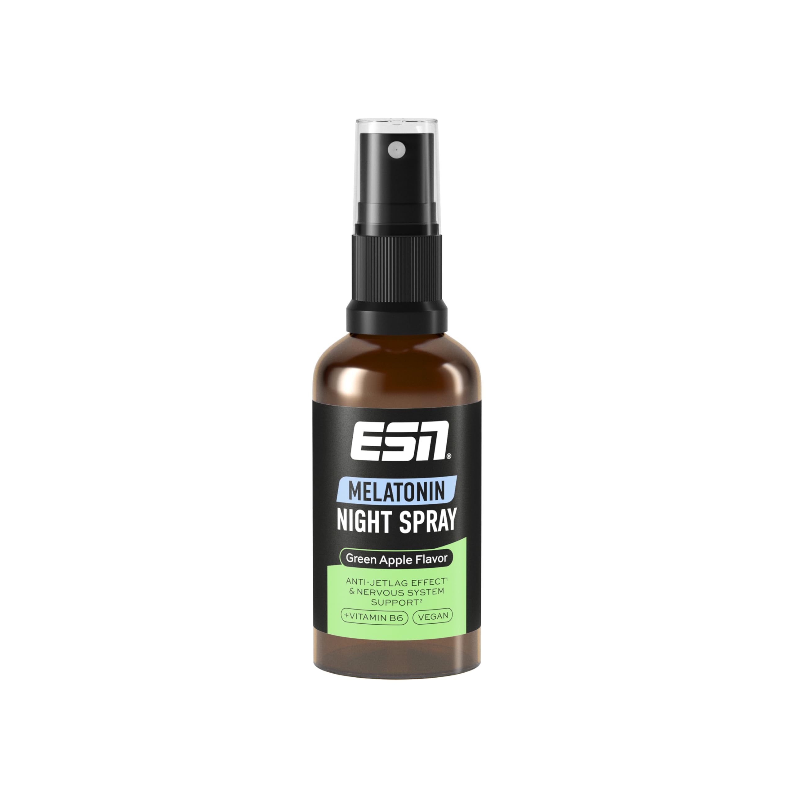 ESN Melatonin Night Spray, 50 ml, Green Apple, Einschlafspray mit Vitamin B6, 0,5 mg Melatonin pro Sprühstoß, Anti-Jetlag-Support - made in Germany