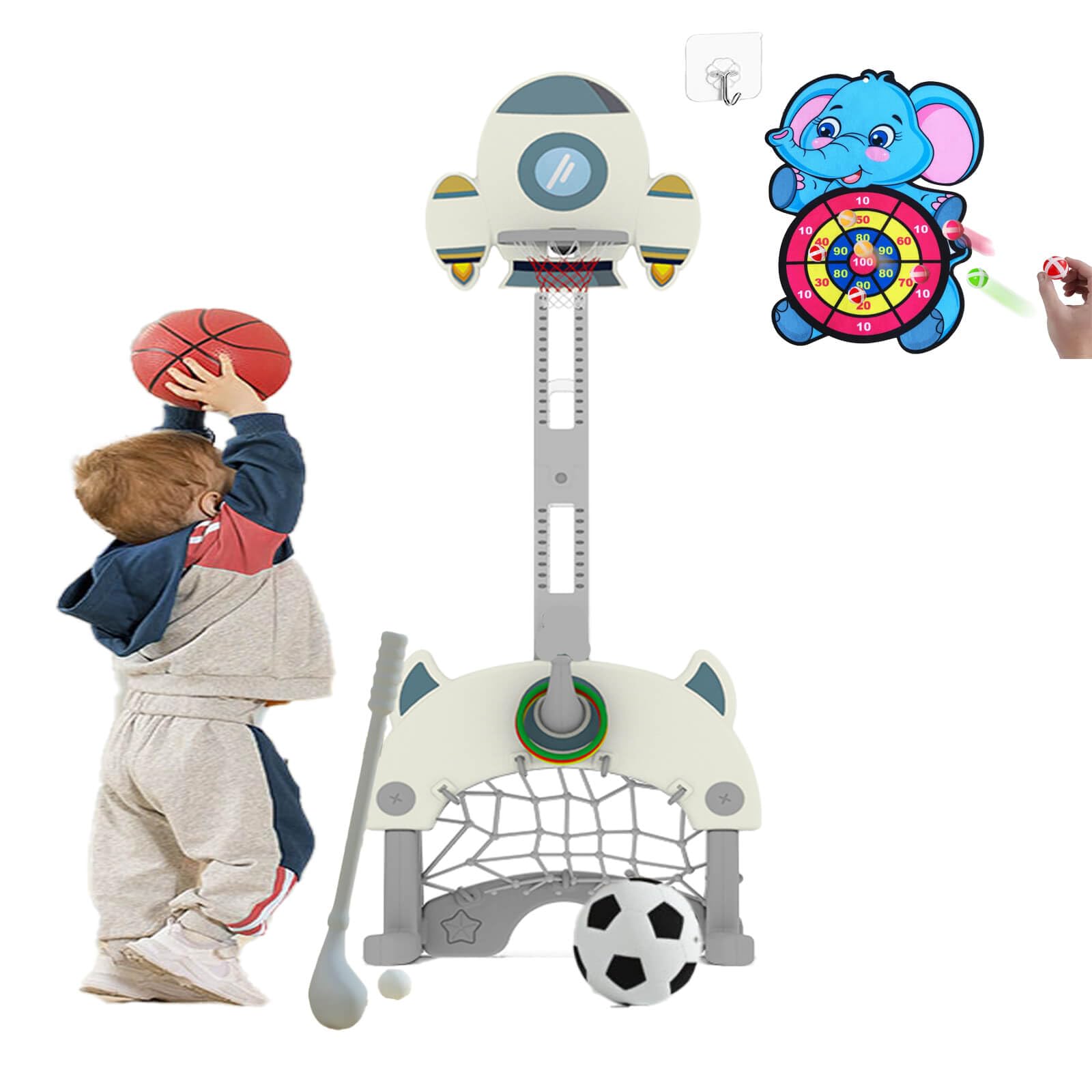 5 in 1 Adjustable Height Toddler Sports Activity Center, Indoor Outdoor Sports Toy Set with Basketball Soccer Golf Bowling Ring, Best Sports Gift for Kids Ages 1-3 3-5 5-8