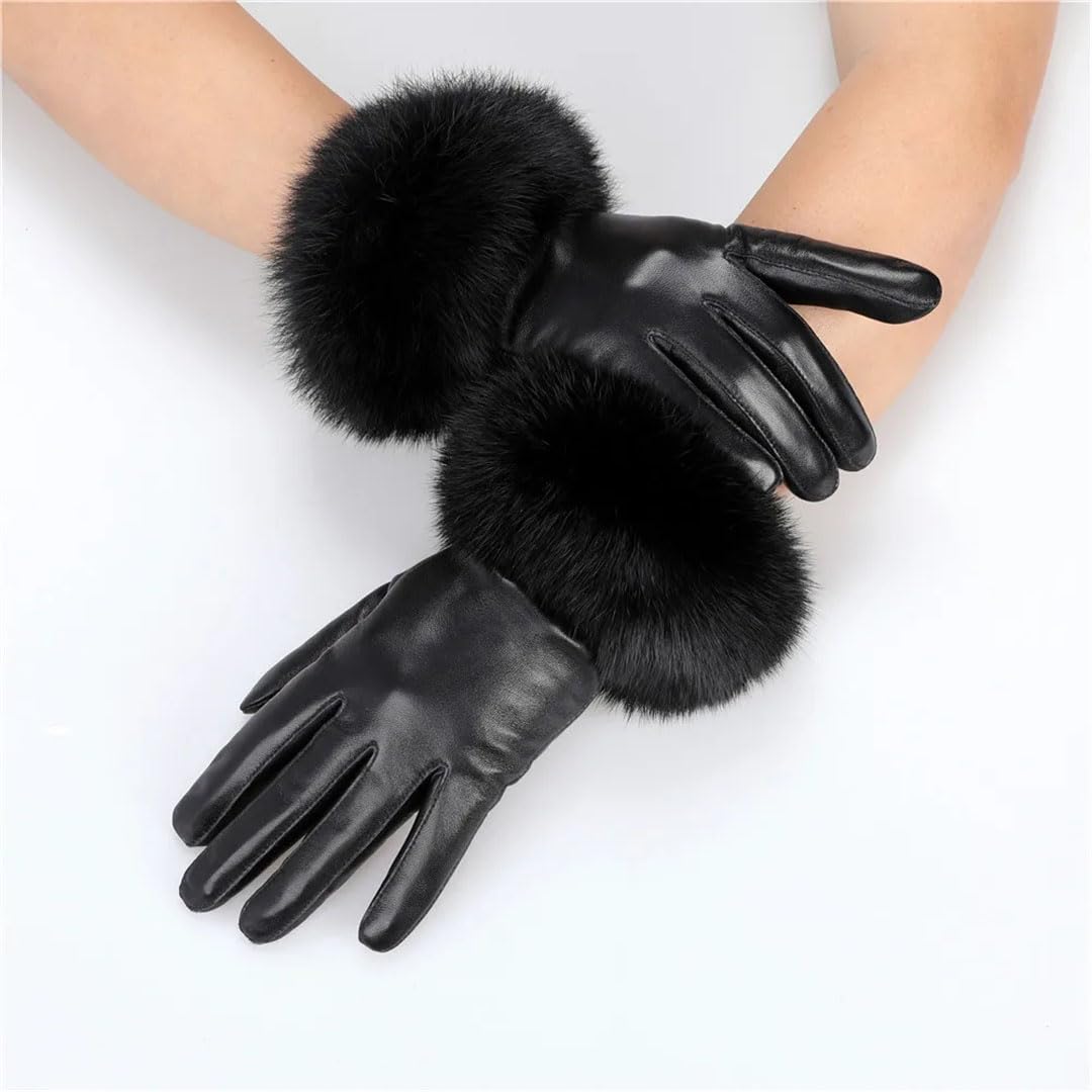 Guantes de cuero para mujer con puños de forro polar, guantes térmicos con forro polar para pantalla táctil, resistentes al viento, ciclismo, conducción, correr