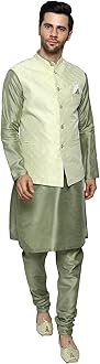 Uri and MacKenzieMen's Silk Blend Regular Kurta Churidar Pyjama with Bundi Nehru Jacket/Waistcoat