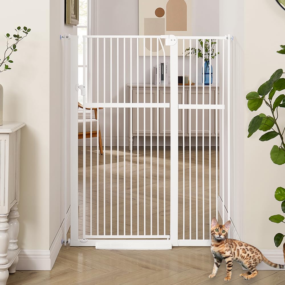 unipaws 142 cm hohes Türschutzgitter ohne Bohren – Druckmontiertes Hundegitter & Türgitter für Katzen, Treppengitter für Türrahmen und Innenbereiche, 95–105 cm breit, Weiß