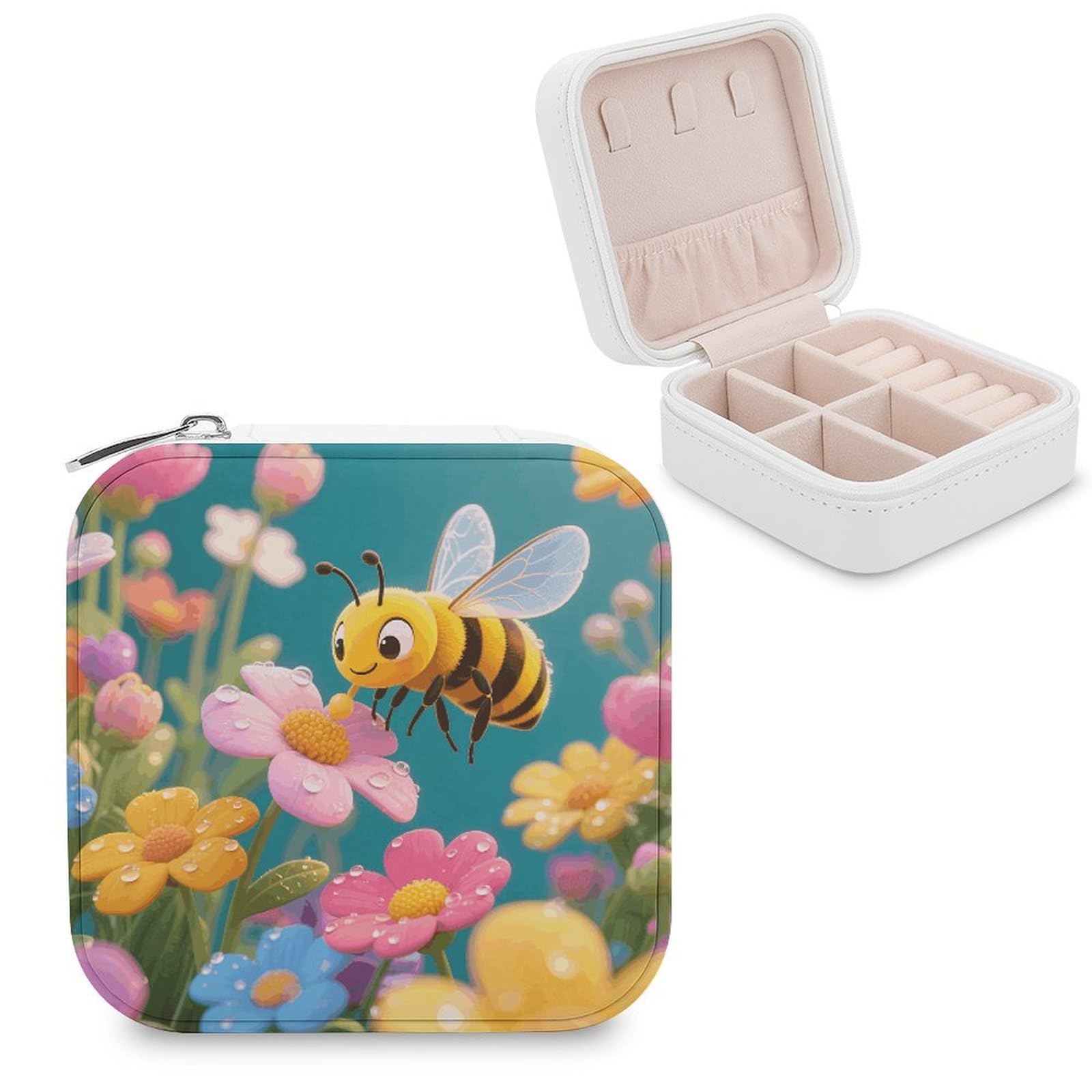 VstaDank Bee in Flowers Jewelry Box for Women Jewelry Organizer Storage Case with Zipper Mini Travel Jewelry Case Cute Trinket Organizer Leather Portable Jewelry Storage Box