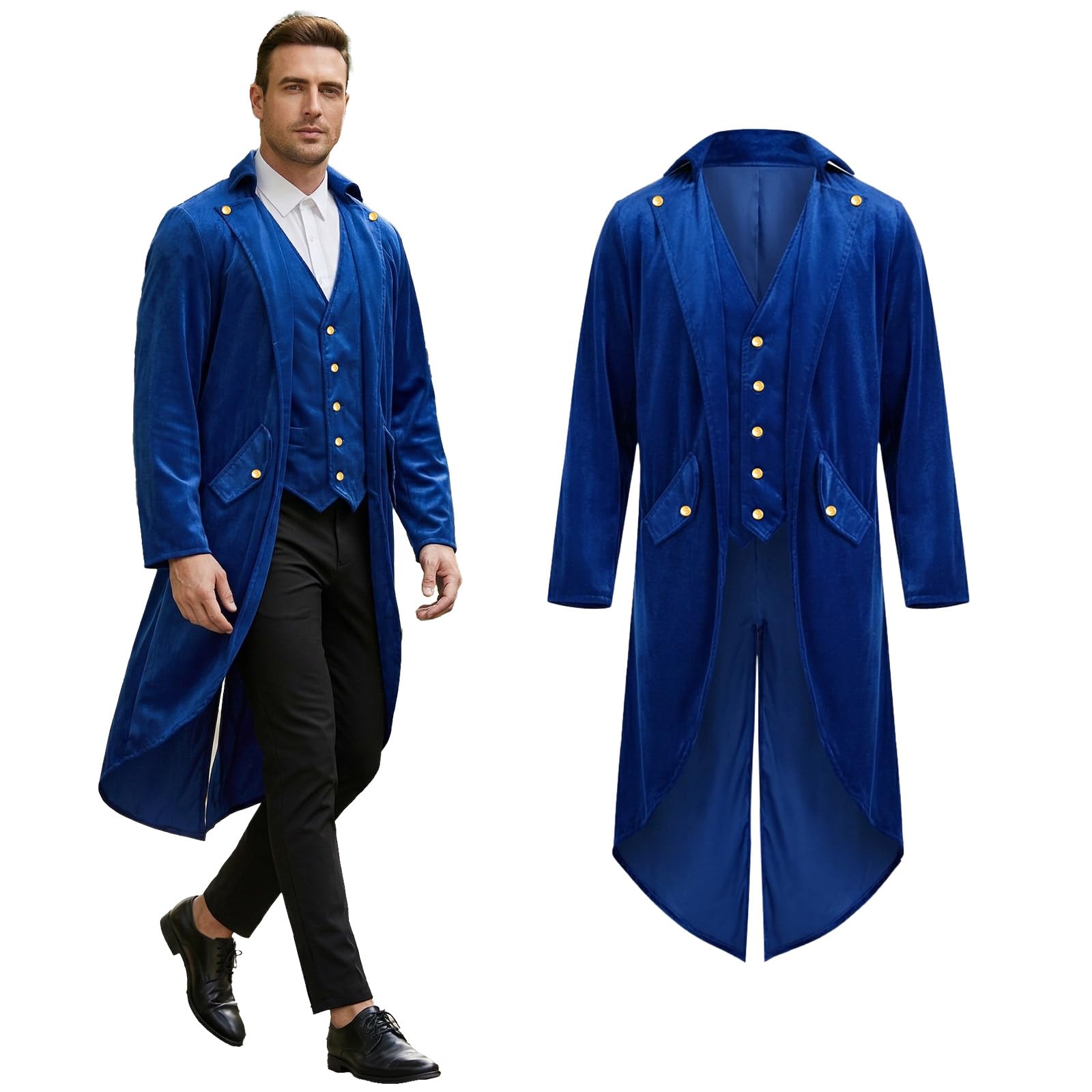 Crubelon Men's Gothic Steampunk Tailcoat – Long Victorian Jacket with Golden Buttons – Elegant Medieval & Renaissance Costume for Halloween, Carnival, and Cosplay Events (Blue, XXXXL)