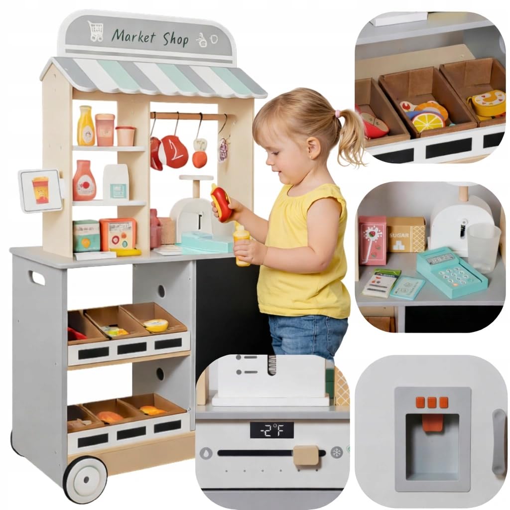 Mibbi Holzladen für Kinder zum Spielen, Supermarkt, Gemüsehäuser, Verkaufsstand, 3 Jahre +, Holz und MDF, 59 Elemente, Zubehör, Gewicht, Kasse, 60/73x29.5x105cm, 14.5kg