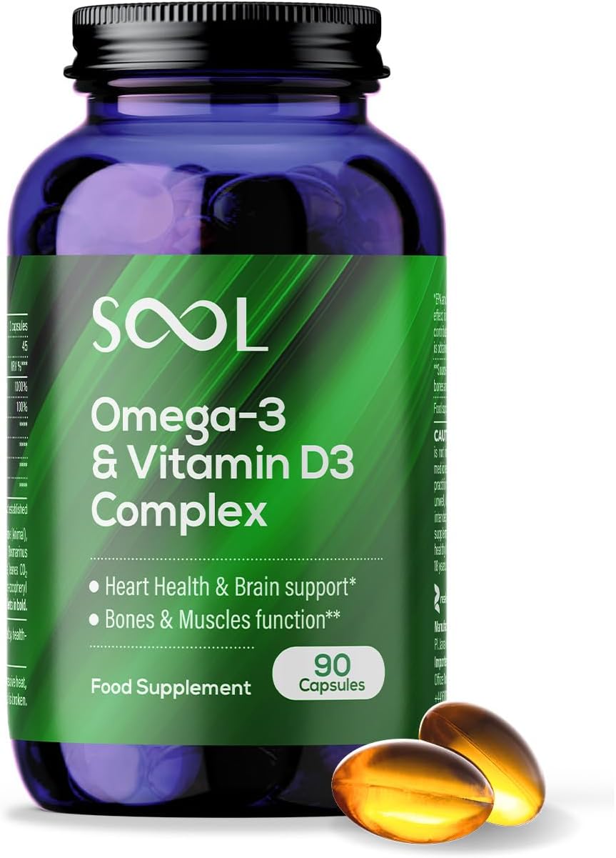 SOOL Omega-3 & Vitamin D3 Complex Soft Gels, 90 Capsules I 20% EPA & 50% DHA I Two-a-Day Omega-3 Supplement I Vitamin D3 2000IU per Serving I High Absorption Formula I Brain Function & Mental Clarity