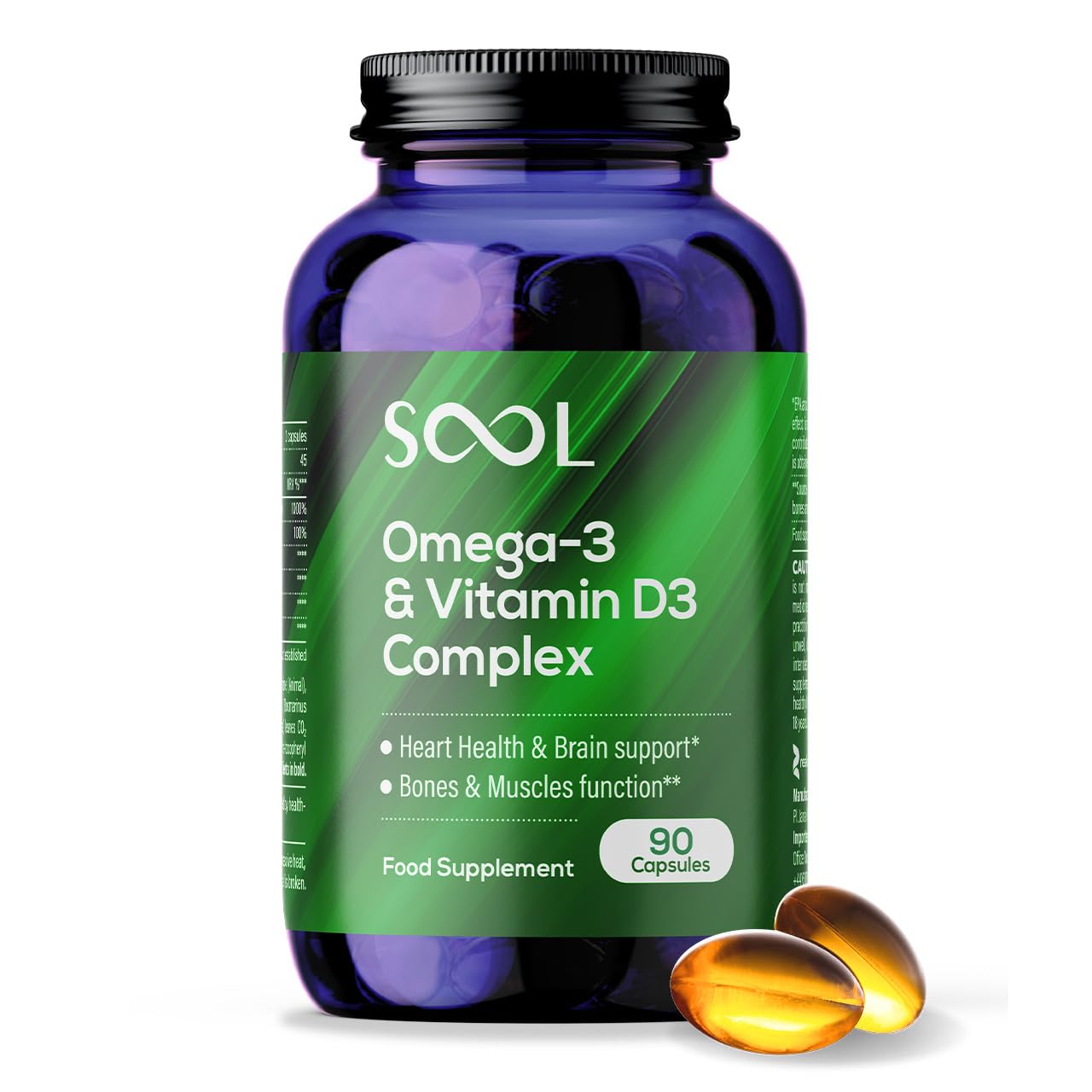 SOOL Omega-3 & Vitamin D3 Complex Soft Gels, 90 Capsules I 20% EPA & 50% DHA I Two-a-Day Omega-3 Supplement I Vitamin D3 2000IU per Serving I High Absorption Formula I Brain Function & Mental Clarity