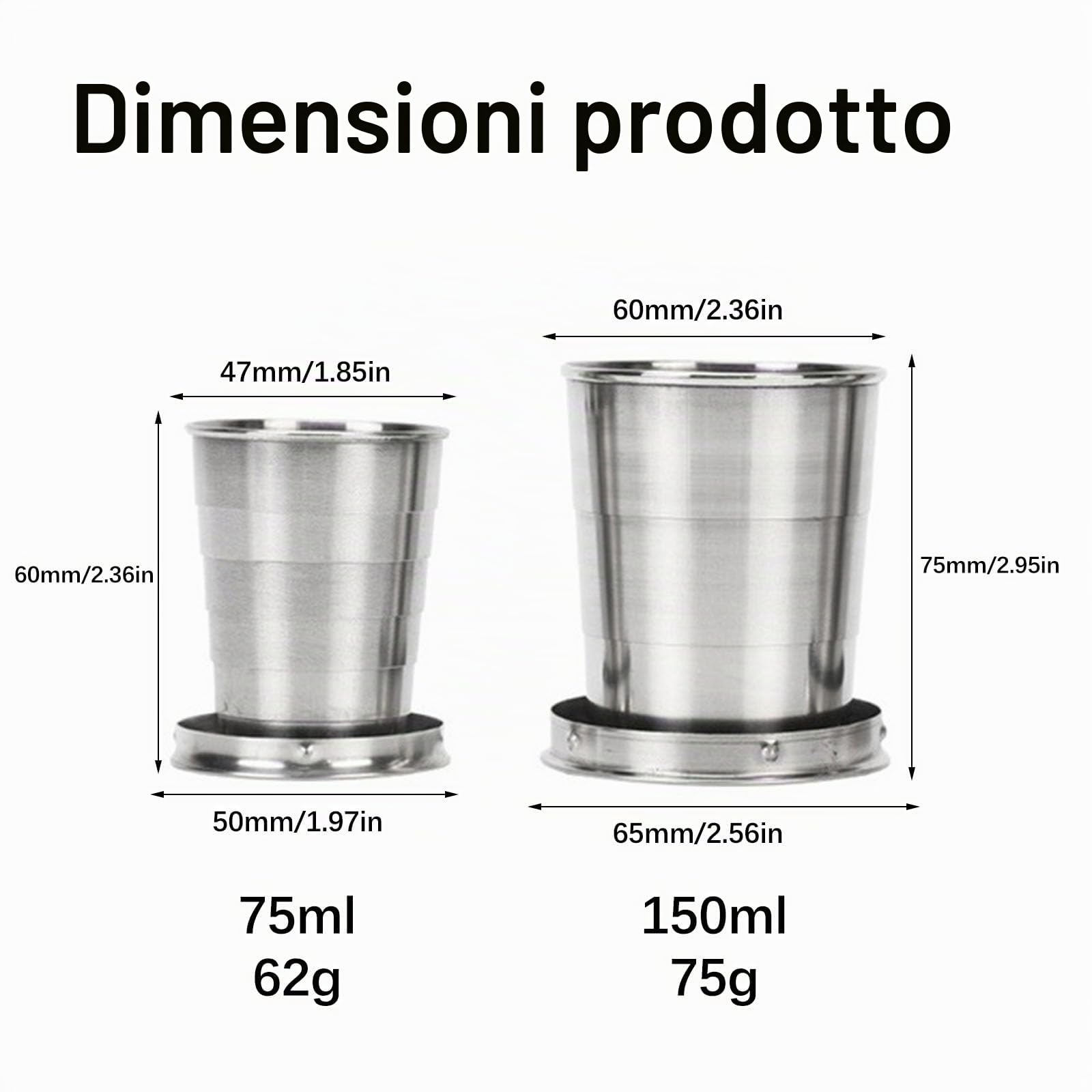 Helweet Bicchiere Pieghevole da Viaggio, Tazza da Viaggio Pieghevole, Tazza D'Acqua Pieghevole, Tazza Pieghevole Acciaio Inossidabile, Adatto per Viaggi Picnic Sport Campeggio, 2 Pezzi(75ml+150ml)