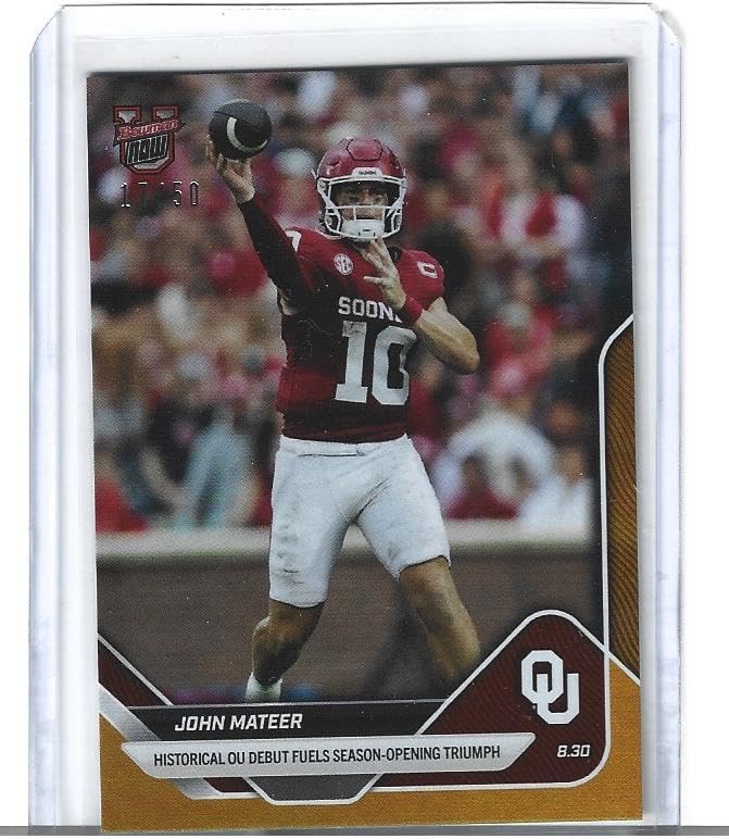 2025 Bowman U Now John Mateer Football Card #2 Gold Foil Ser.# /50 Historical Oklahoma Sooners Debut Fuels Triumph Only 50 Produced