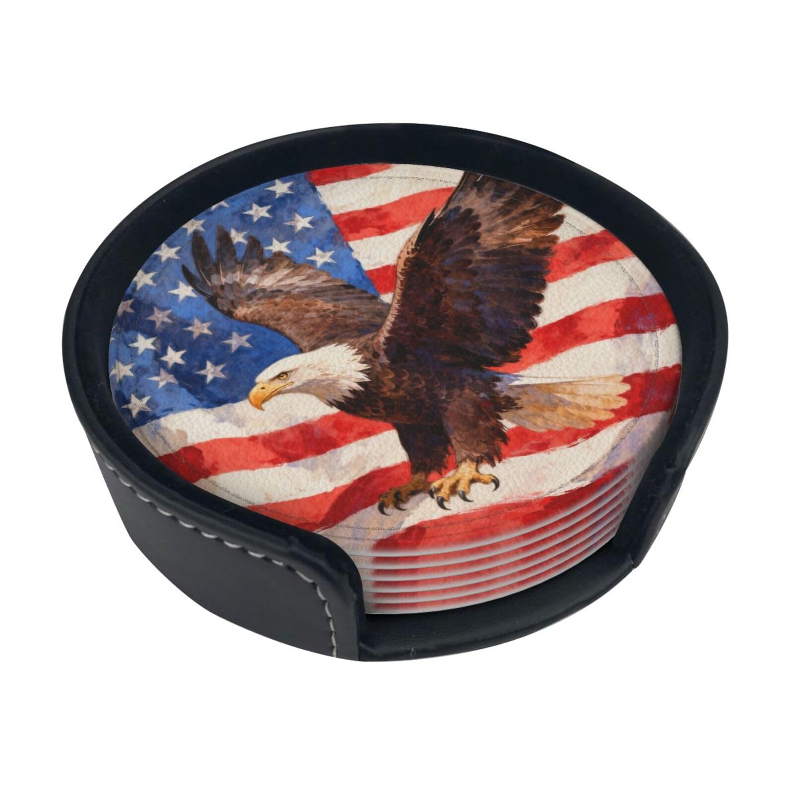 Cntdbu White Veteran Eagle Badge Leather Coasters Set Of 6-Pu Leather Drink Mats For Table, Heat Resistant Round Coasters With Holder
