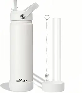 Insulated Stainless Steel Water Bottle with Straw, Ceramic-Lined, BPA-Free & Leak-Proof, 24 oz, White