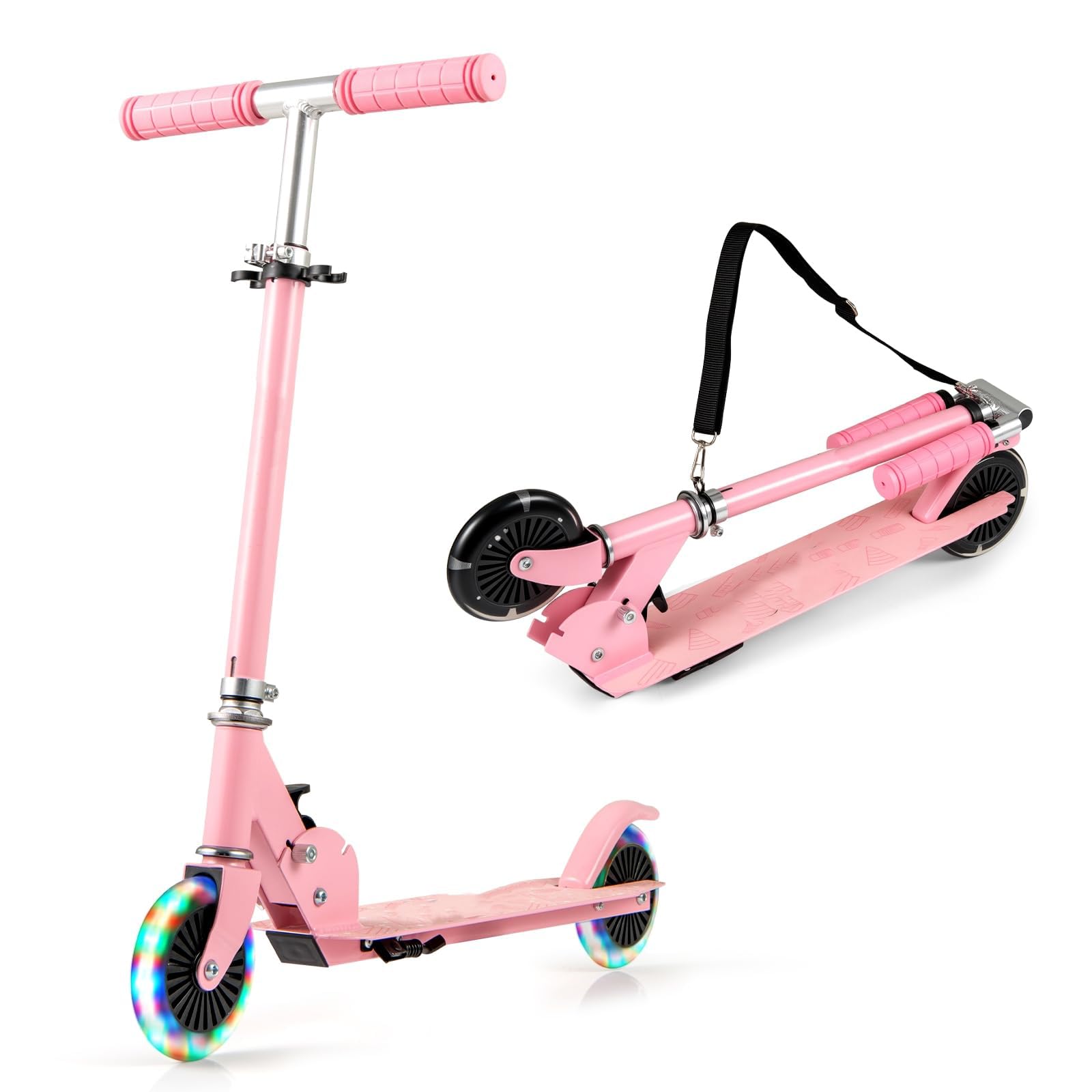 COSTWAY Foldable Kids Scooter, 2-Wheel Kick Scooter with Light Up Wheels, Adjustable Handlebar and Rear Brake, for Boys Girls Ages 3+ (with Carry Strap, Pink)