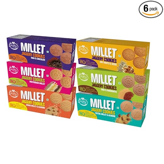 Early Foods - Assorted Pack of 6 - Ragi, Dry Fruit, Multigrain, Jowar, Choco Jaggery Cookies, Gluten Free Biscuits, Sugar Free Biscuits 150g X 6