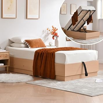 Twin Wood Platform Bed with Lift Up Storage, No Headboard, Natural Wood | QNZK Bed Frame with Storage Underneath, Hydraulic Lift, Wooden Slats Support, No Box Spring Needed, Easy Assembly