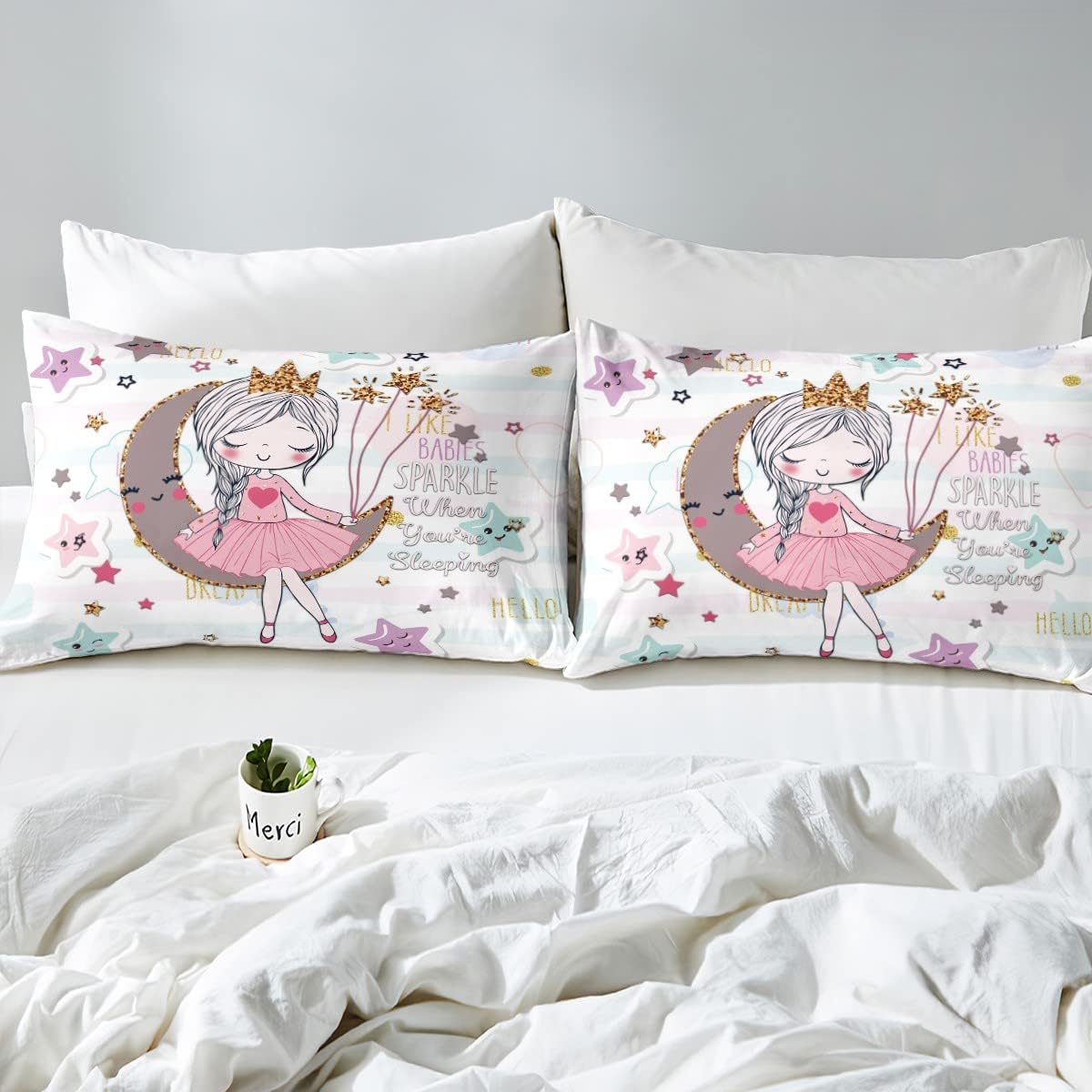 Girls Duvet Cover Set Cartoon Moon and Stars Bedding Sets Queen for Kids Cute Ballet Princess Comforter Cover Pink Blue Stripe Bedding, Pastel Gold Sequin Decorative Quilt Cover with 2 Pillowcase