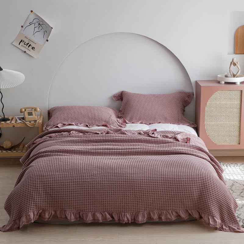 Waffeldecke aus 100% Baumwolle, Rosa, 200x230 cm, mit Rüschen, Ganzjahresdecke für Bett und Sofa (Nussbraun‑Rosa, 200 * 230cm)