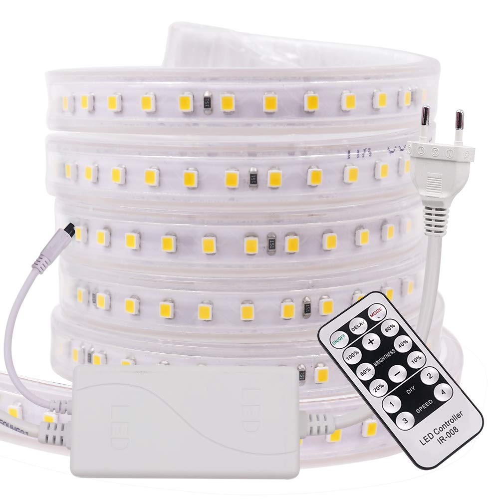 XUNATA 24m Dimmerabile Striscia LED 220V con Telecomando a 15 tasti, 2835 120LED/m, Impermeabile, Flessibile Striscia a LED per Scaletta Tetto Cavi da Cucina Decorazione- Bianco Caldo
