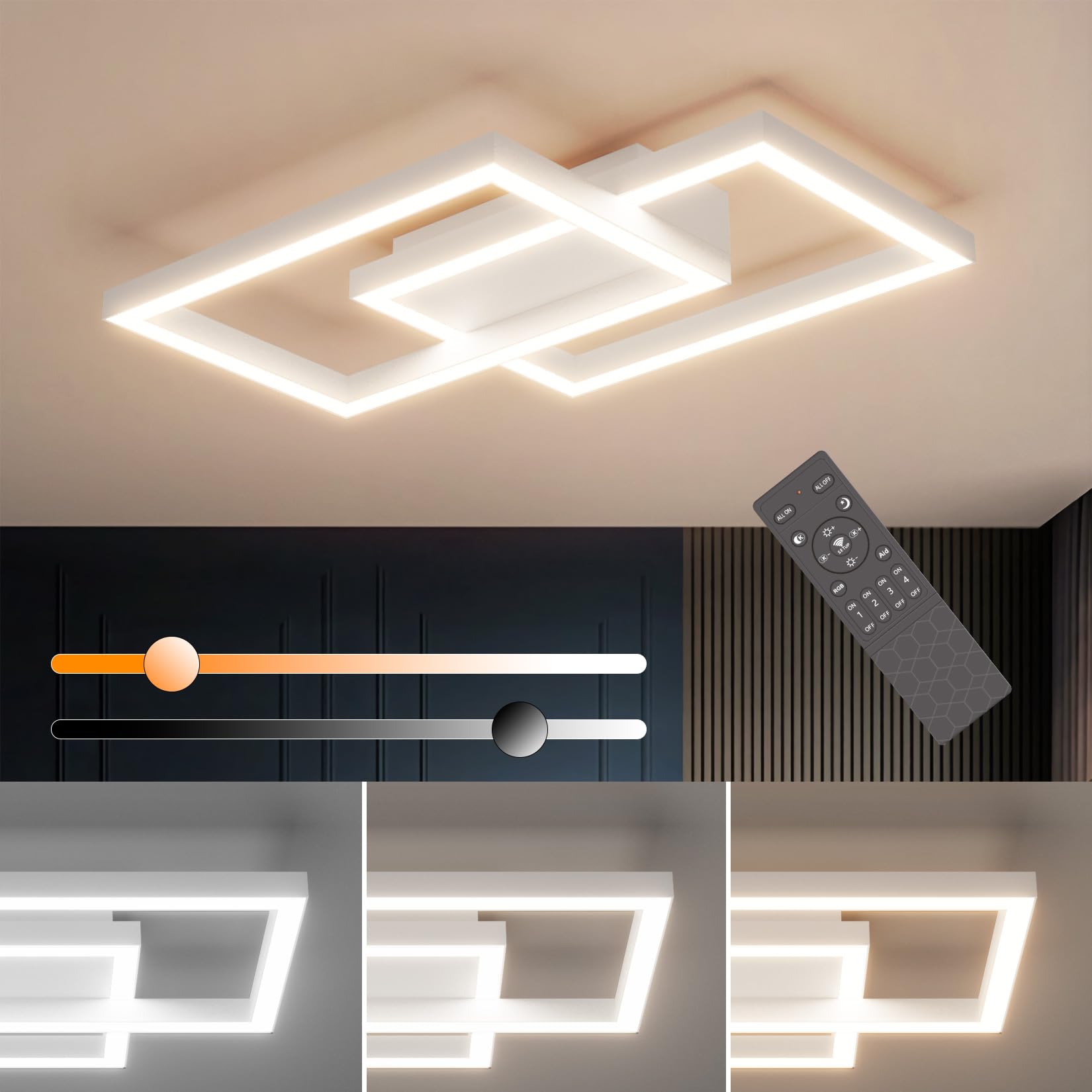 Klighten Lámpara de techo LED 35W Regulable, Blanco Plafón Led Techo con Control Remoto, Moderna Geometría Luz de Techo para Cocina Salon Dormitorio Pasillo, 3000K-6000K, L40cm ×W30cmx H4cm