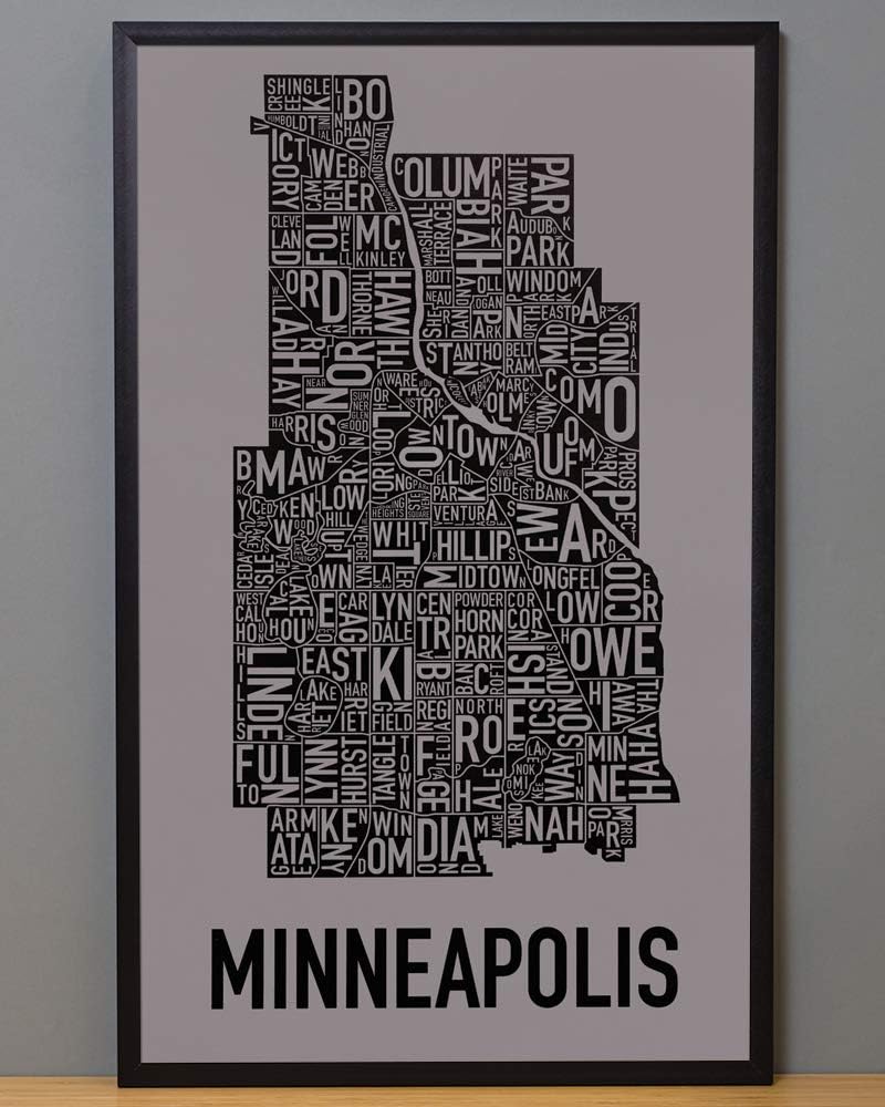 Framed Minneapolis Neighborhoods Map Art Poster, Grey & Black, 16" x 26" in Black Frame