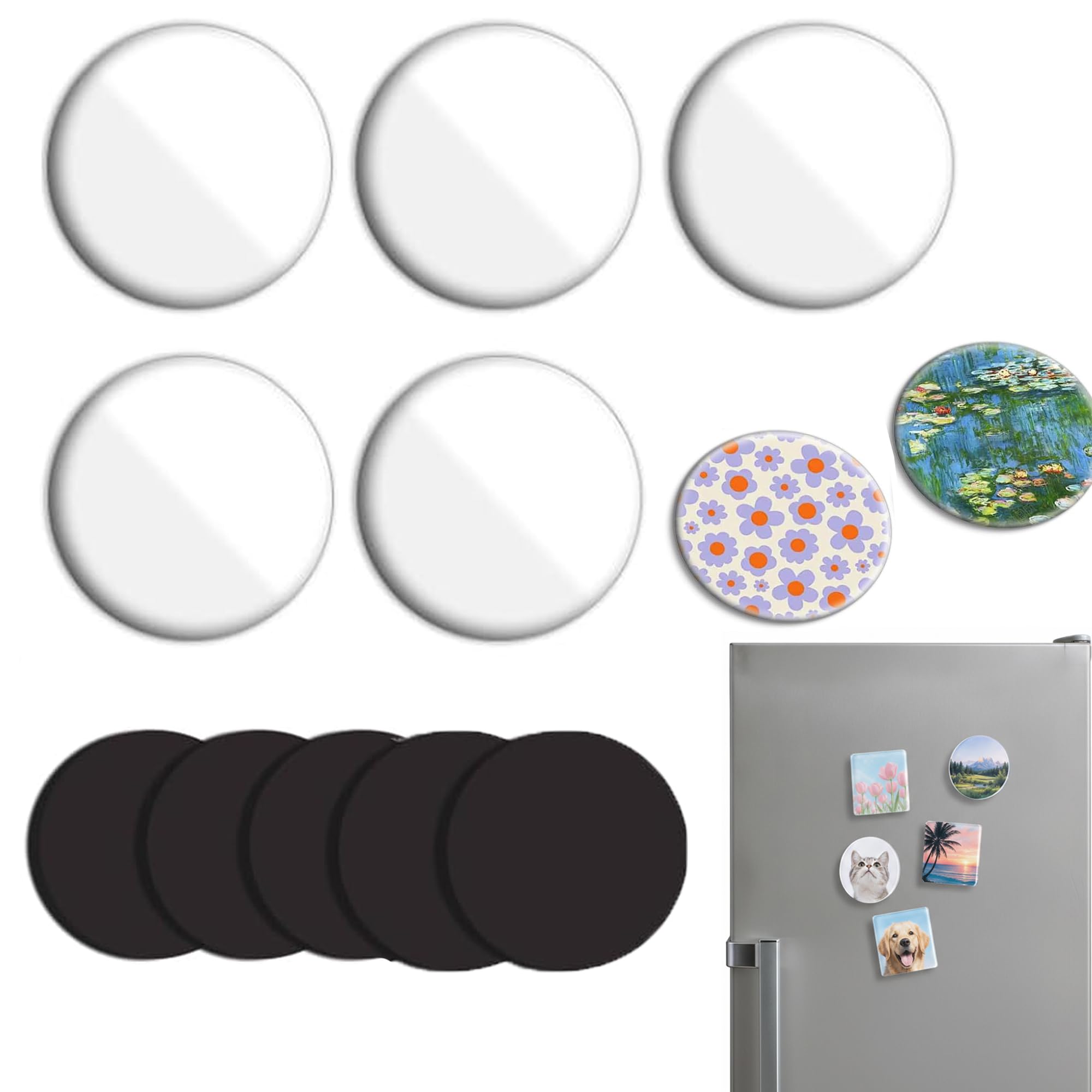5 Pcs DIY Acrylic Fridge Magnet Kit with Adhesive Backing | 2x2 Inch Round Magnetic Photo Frames Set for Crafts | Clear Refrigerator Magnets Maker for Customized Picture, Kitchen, Classroom Decor